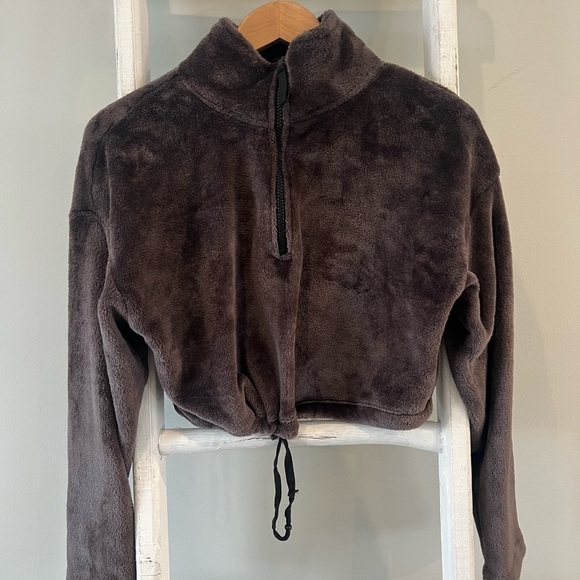 Urban outfitters cropped drawstring fleece teddy quarter zip brown pullover xs - Picture 1 of 6